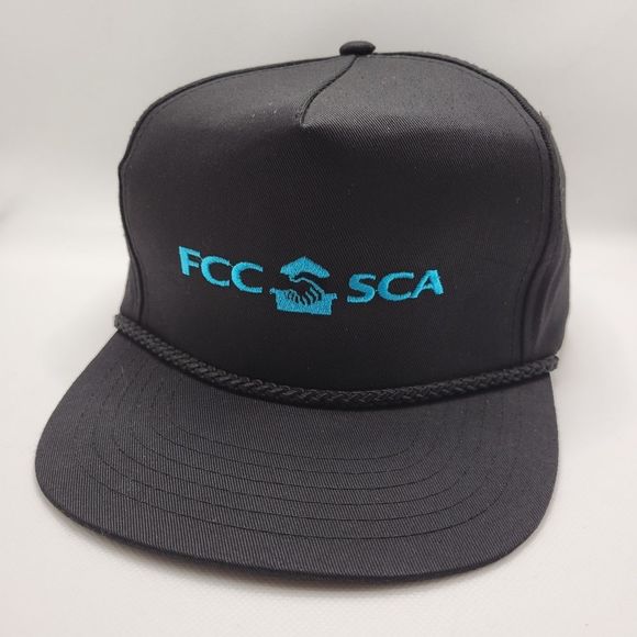 Black Stacked Hat FCC SCA Embroidered Logo Leather Strapback Adjustable Cap - Picture 1 of 12